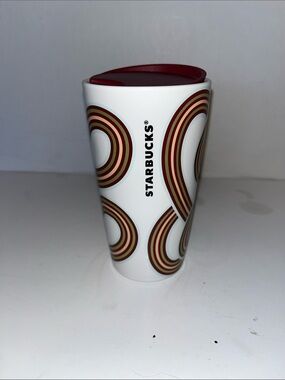 Starbucks White Tumbler with Maroon and Brown Retro Rings